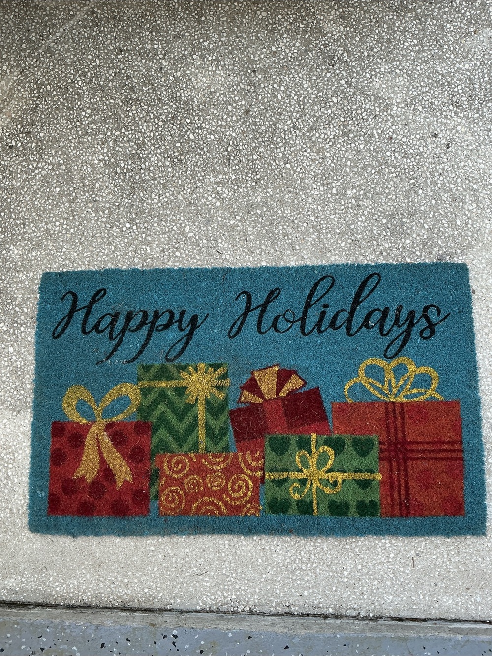 Happy Holidays vibrant blue door mat